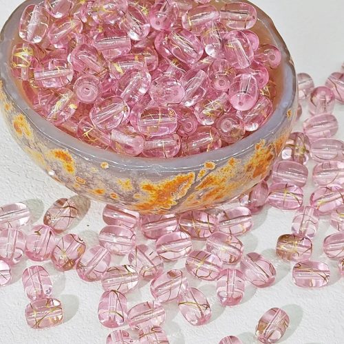 6x8 mm-es üveggyöngyök fröcskölt effekttel - Áttetsző rózsaszín-Arany - 25 db