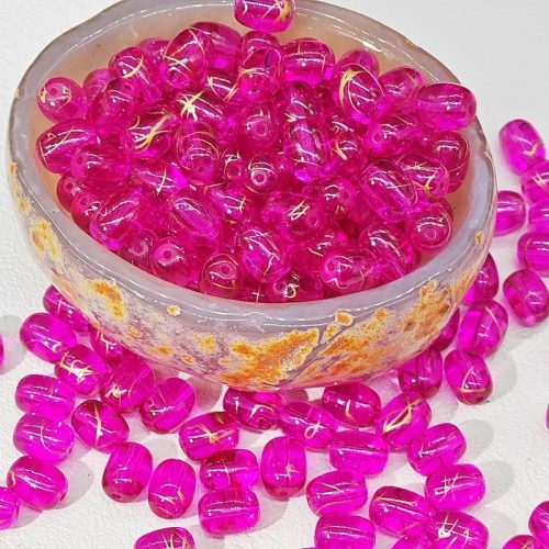 6x8 mm-es üveggyöngyök fröcskölt effekttel - Magenta-Arany - 25 db