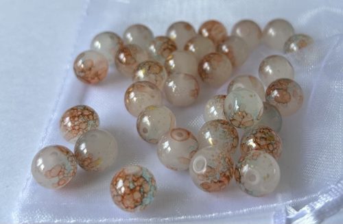 Márvány effekt üveggyöngyök 10 mm - Bronz-Világoskék-Arany - 25 db