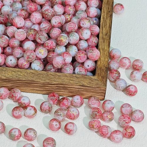 Porcelánfehér üveggyöngyök  márvány effekttel  10 mm - Rózsa-Zöld-Arany - 25 db