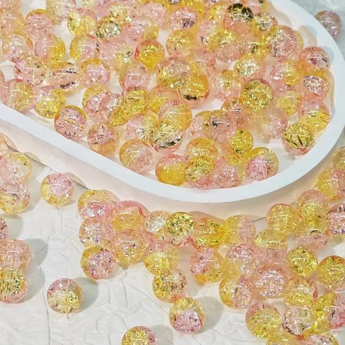 "Crackle" 10 mm-es repesztett effekt üveggyöngyök - Áttetsző Rózsaszín-Sárga - 25 db