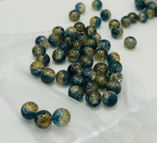 "Crackle" 10 mm-es repesztett effekt üveggyöngyök - Áttetsző Sötétkék-Arany - 25 db